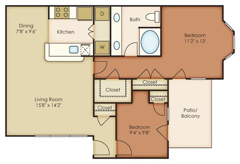 Floor plan for 2 beds, 1 bath, 924 sqft
